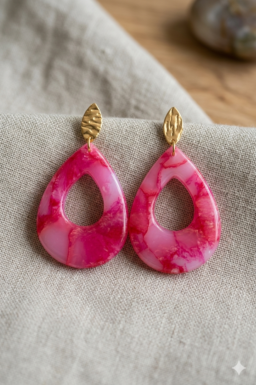 Statement oorbellen roze marmer