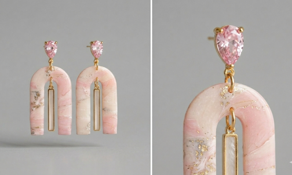 Roze marmer oorbellen hanger goud – Rose Elegance