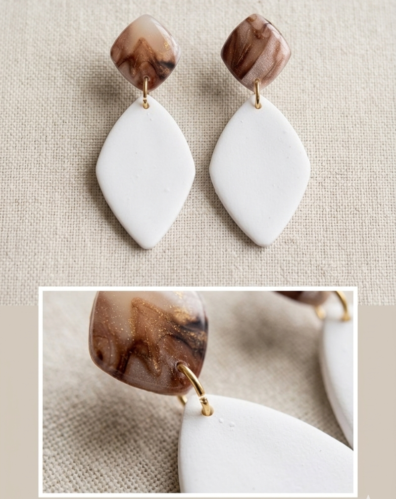 Handgemaakte Marmerlook Oorbellen met goud bruin - Soft Earth