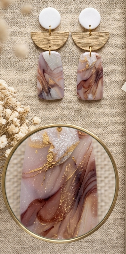 Handgemaakte Marmerlook Oorbellen met goud bruin - Soft Earth