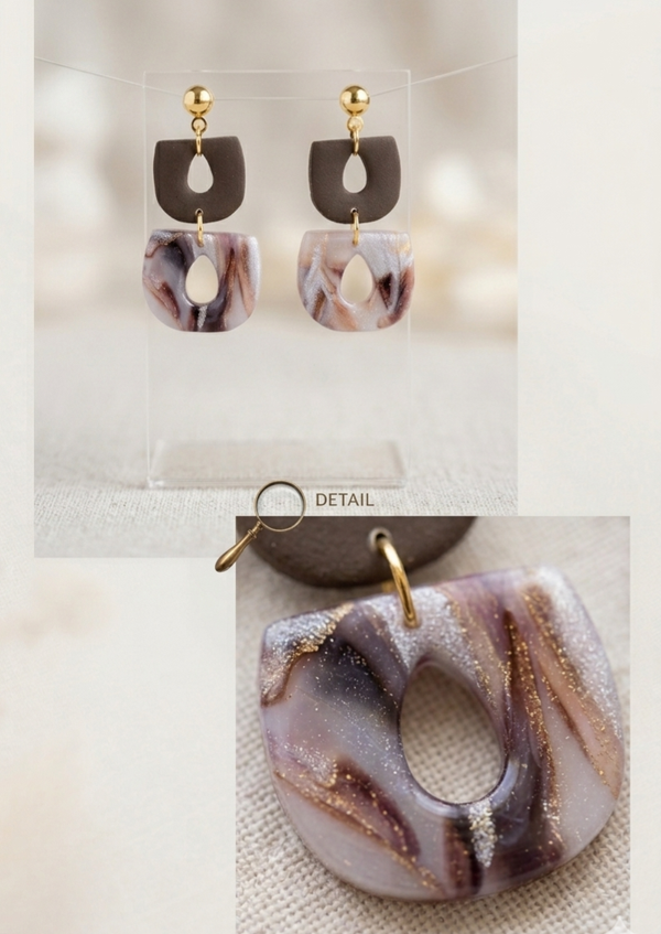 Handgemaakte Marmerlook Oorbellen met goud bruin - Soft Earth