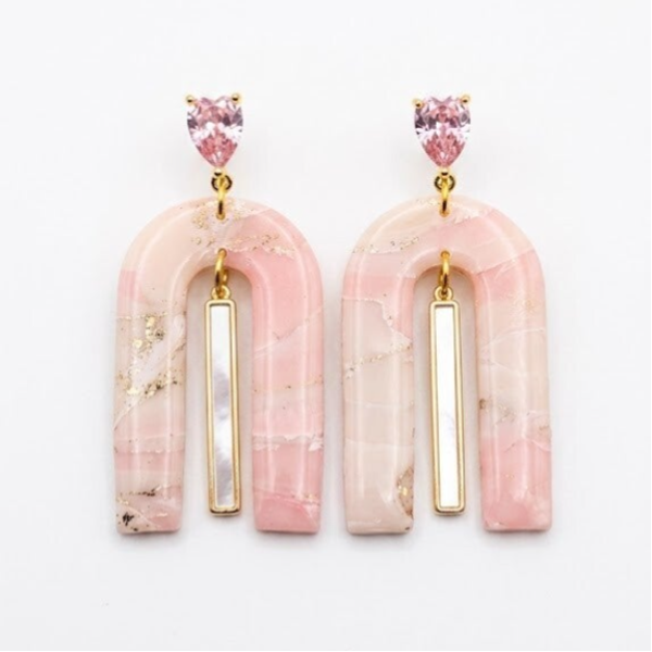Roze marmer oorbellen hanger goud – Rose Elegance