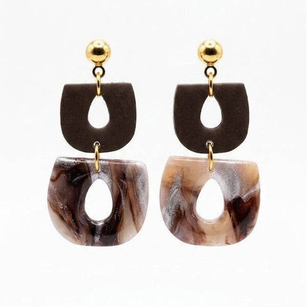 Handgemaakte Marmerlook Oorbellen met goud bruin - Soft Earth