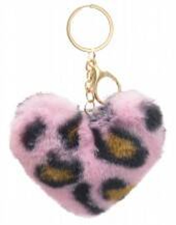 Sleutelhanger Fluffy Hart - Panterprint - 9 cm - Roze