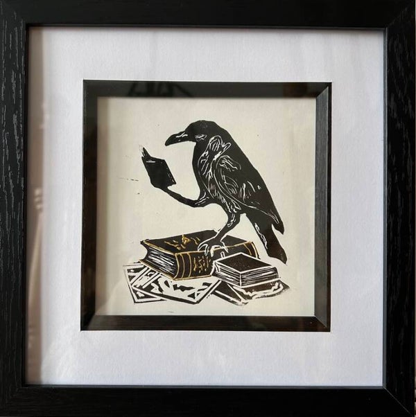 Learned Corvid Linocut print framed