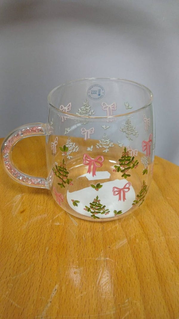 Tazza in vetro Natalizia con fiocchi rosa