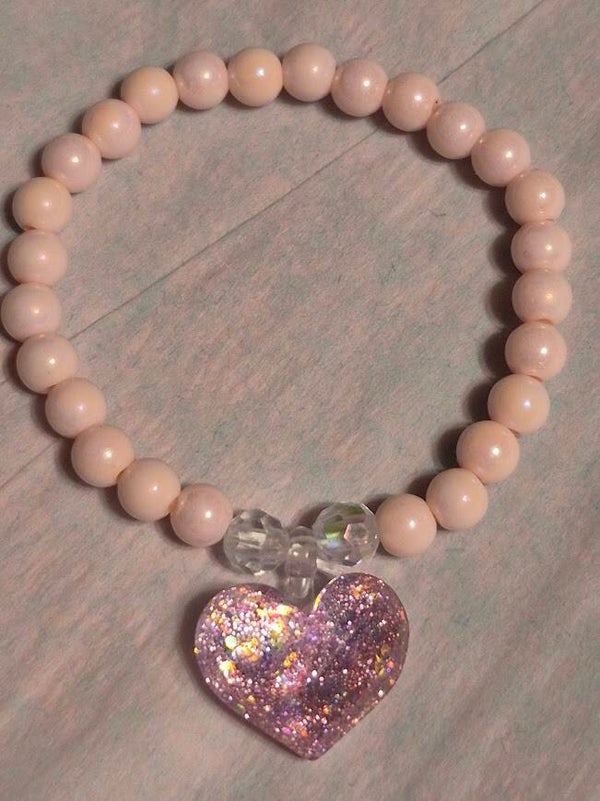 LIGHT PINK BEADED HEART CHARM BRACELET