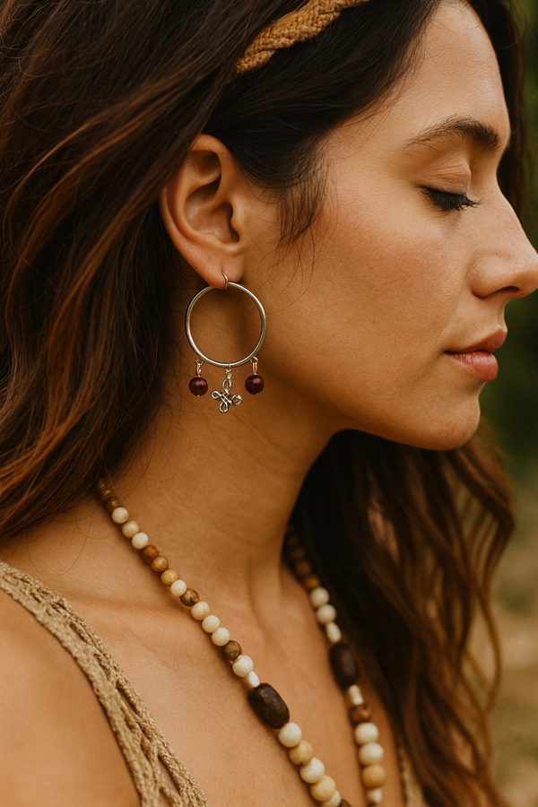 Boho Silver Hoop Earrings with Plum Beads & Tribal Charm