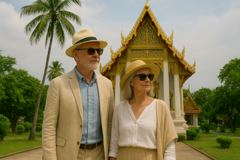 Mature couple, respectfully dressed while visiting a holy place