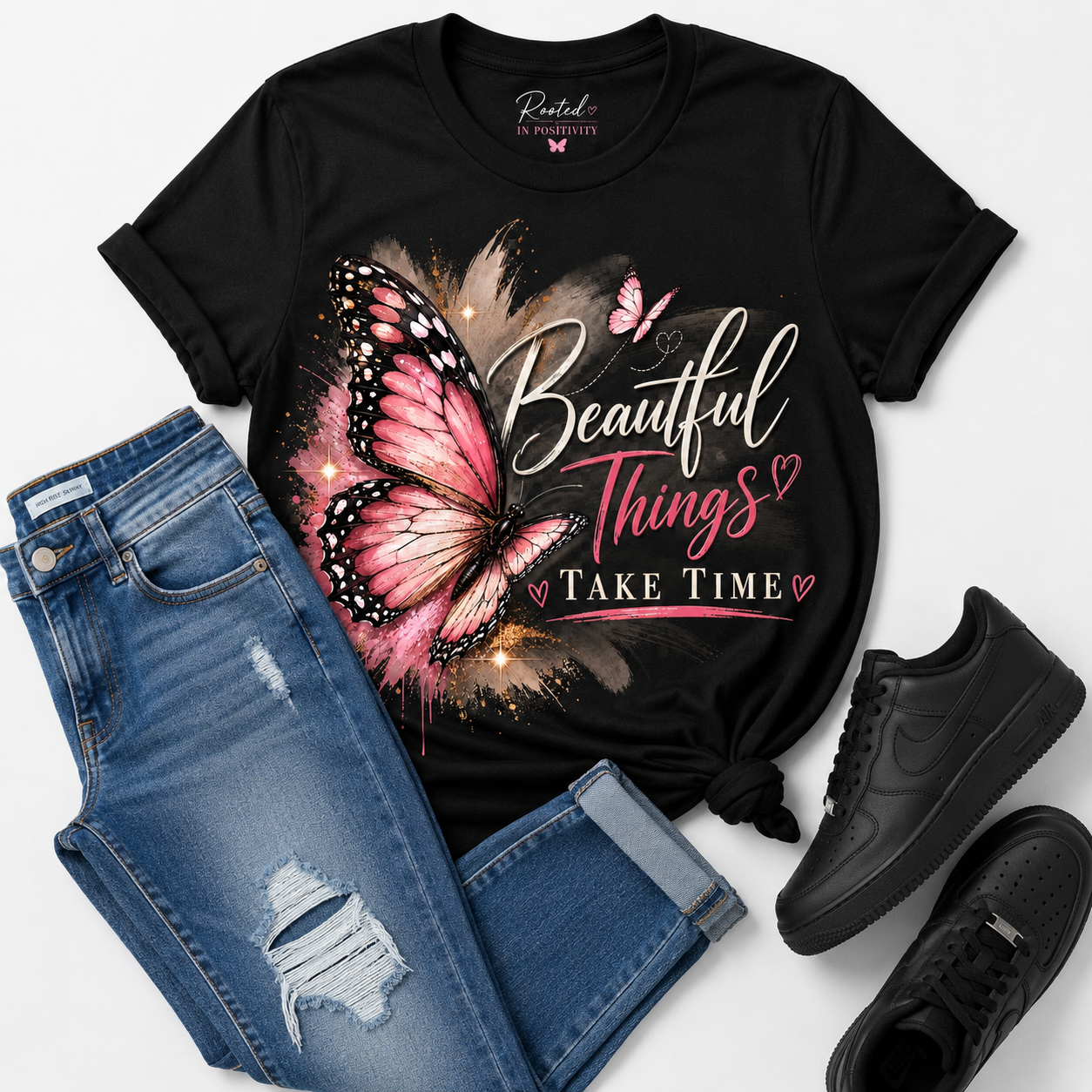 Beautiful Things Take Time Butterfly Inspirational Tee