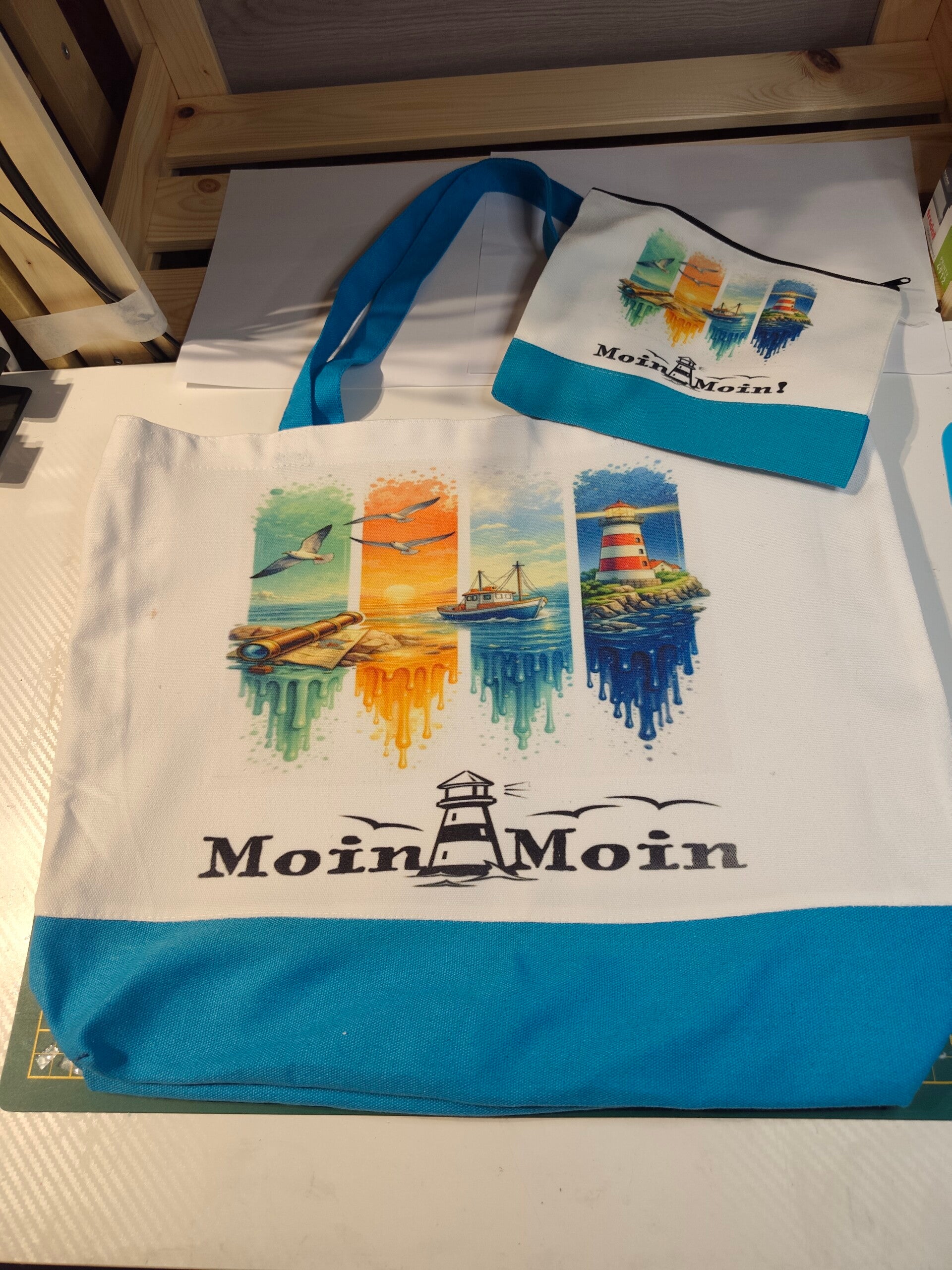Sublimiertes Strandtaschenset mit Kosmetiktasche "Moin-Moin"