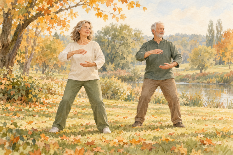 Illustratie van twee volwassenen die rustig Qigong oefenen in een herfstpark.