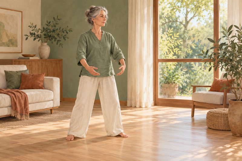 Illustratie van een vrouw die thuis een rustige Qigong-oefening doet.