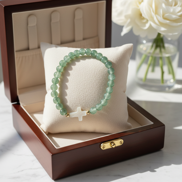 Semi precious stones and beads with simulated mother of pearl cross