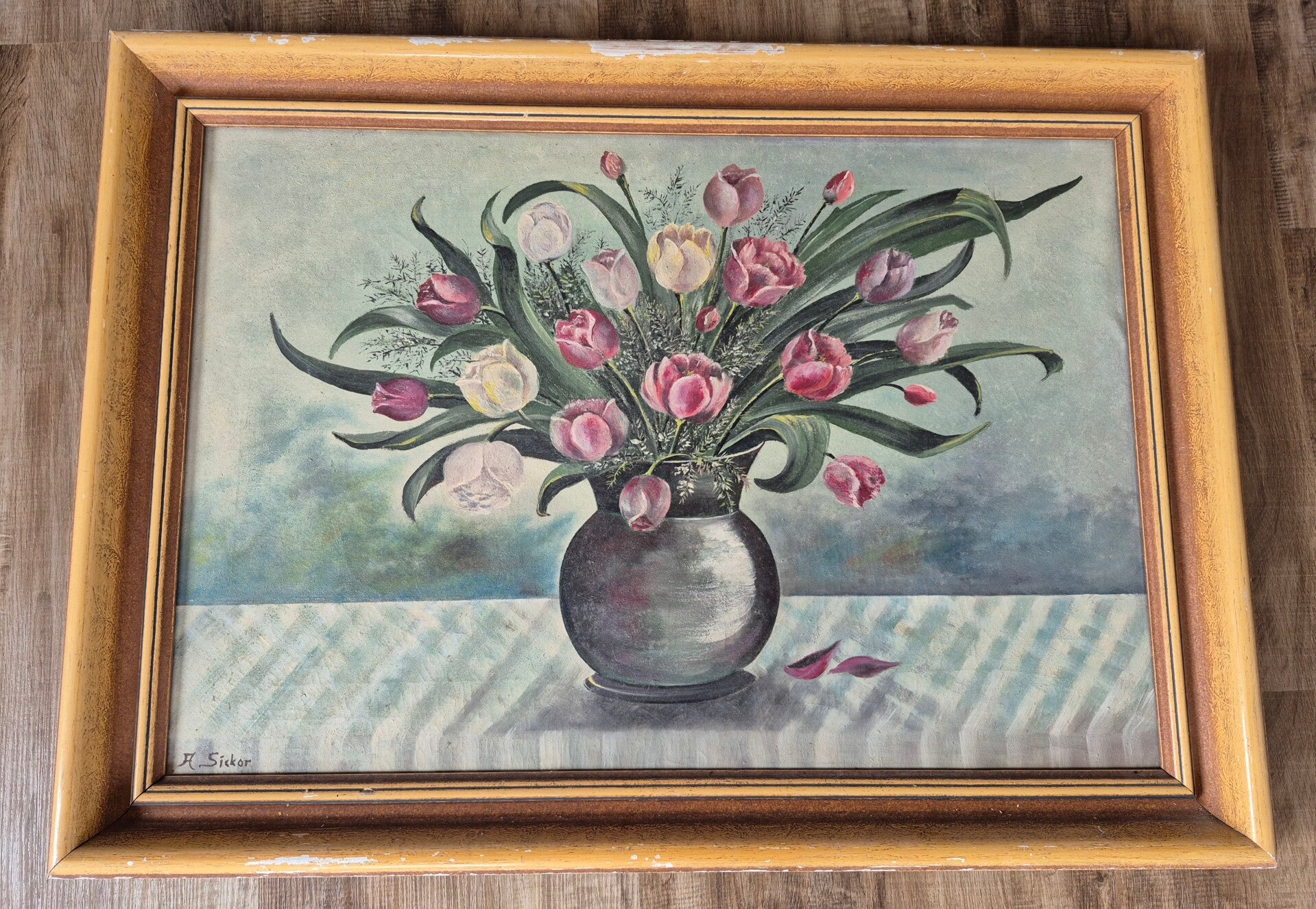 signiertes Gemälde mit Tulpen Bild in Holzrahmen alt antik