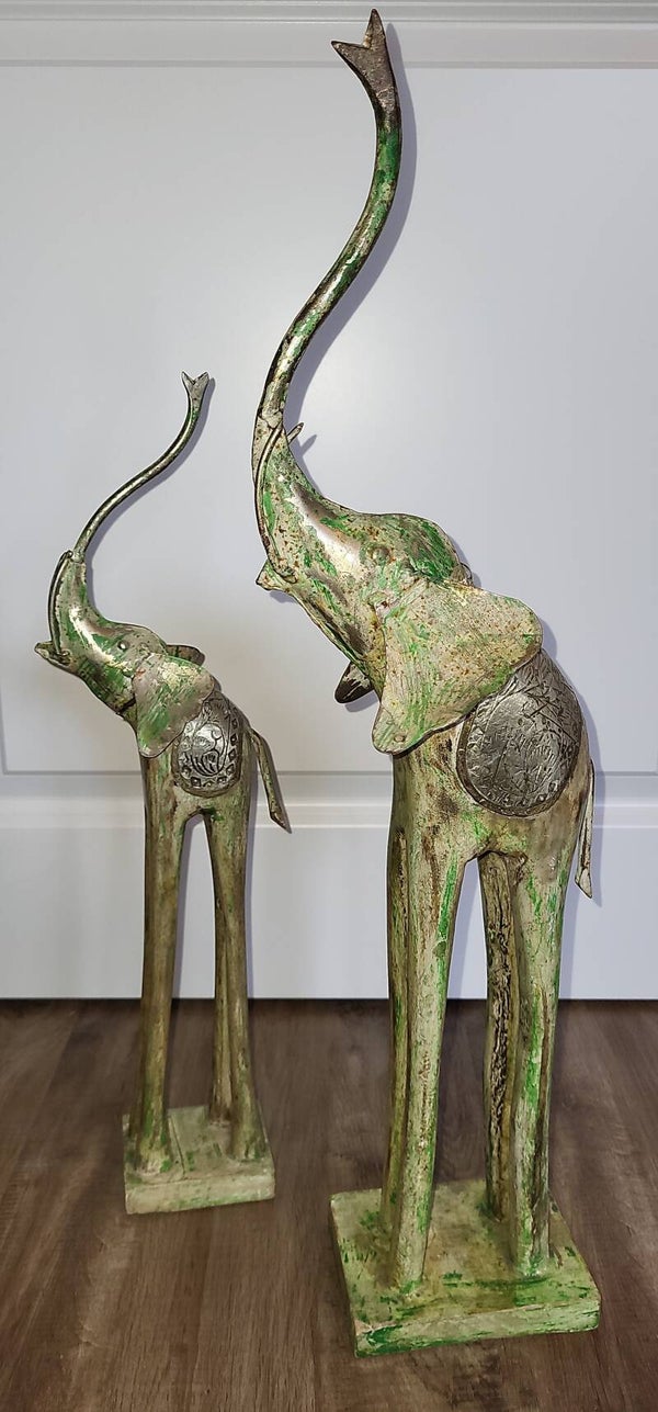 2 Elefantenskulpturen Figuren aus Metall und Holz Dekoration