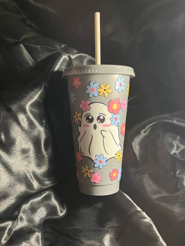 Cold cup with lid and straw 24oz flower ghost