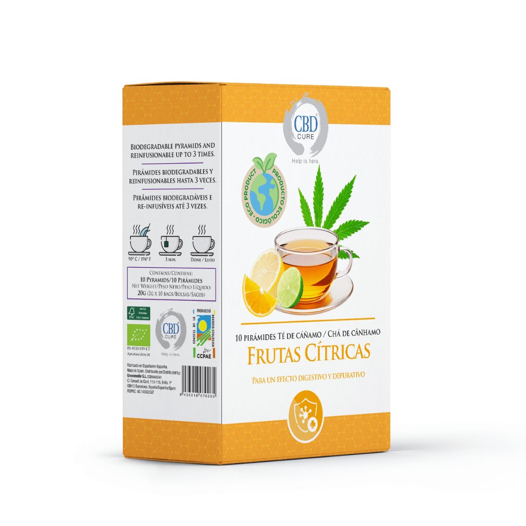 Frutas Cítricas · Infusión ecológica de cannabis CBD Cure · Sabor cítrico y refrescante