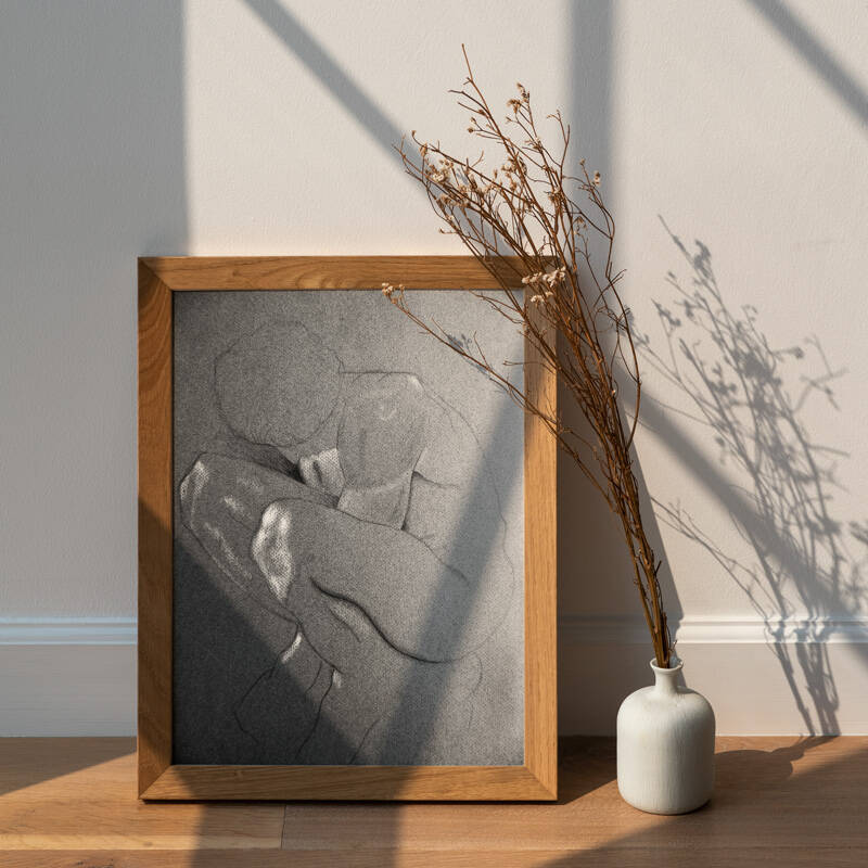 BEAUX-ARTS - "Recroquevillé" - Crayon sur papier gris / format 1/2 raisin