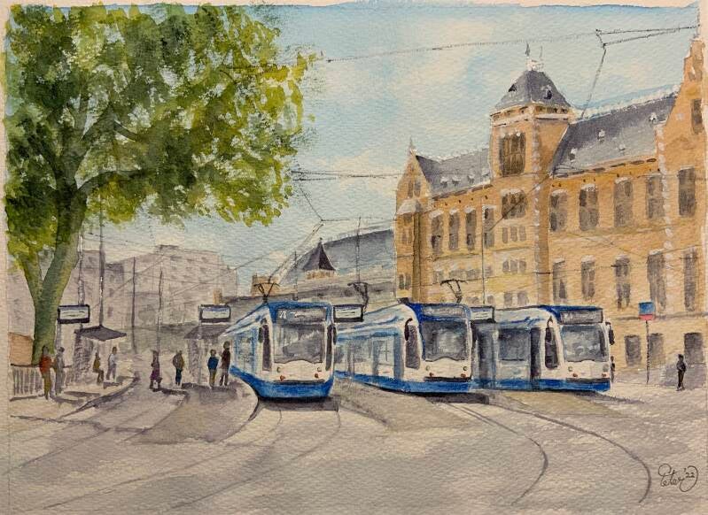 Watercolor Central Station Amsterdam 