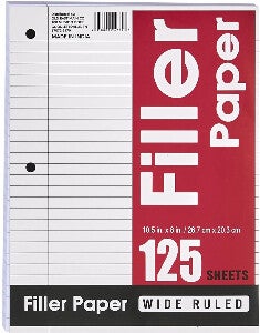 Wide Ruled Filler Paper - 10.5 x 8 in - 125 ct