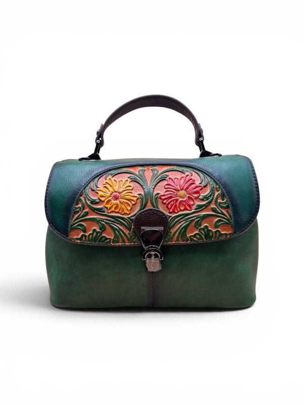 Green Leather Floral Embossed Messenger Bag