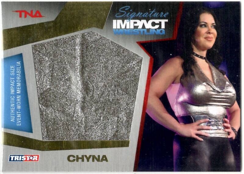 Front view of the 2011 TNA Tristar Signature Impact Wrestling jumbo relic card featuring Chyna with a large authentic event-worn silver impact patch from her TNA debut