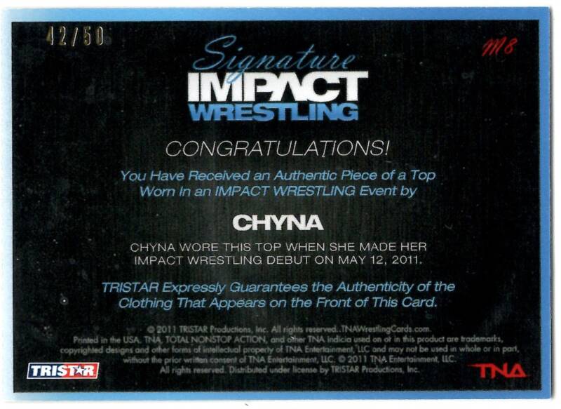 Back view of the 2011 TNA Tristar Signature Impact Wrestling Chyna jumbo relic card numbered 42/50 showing the authentication text confirming she wore the top during her TNA debut on May 12, 2011