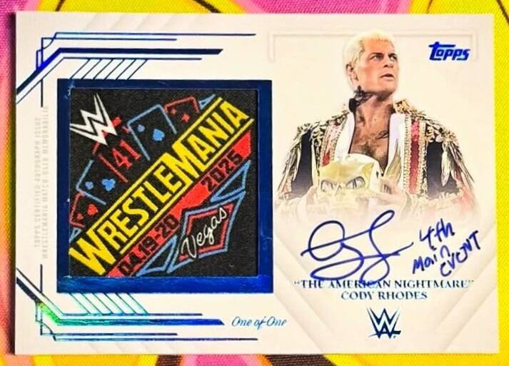 Front view of the 2025 Topps Royalty WWE WrestleMania 41 Cody Rhodes Match Used Patch Auto 1/1 card showing the large event-worn WrestleMania 41 patch relic, on-card autograph with "4th Main Event" inscription, and "One of One" designation