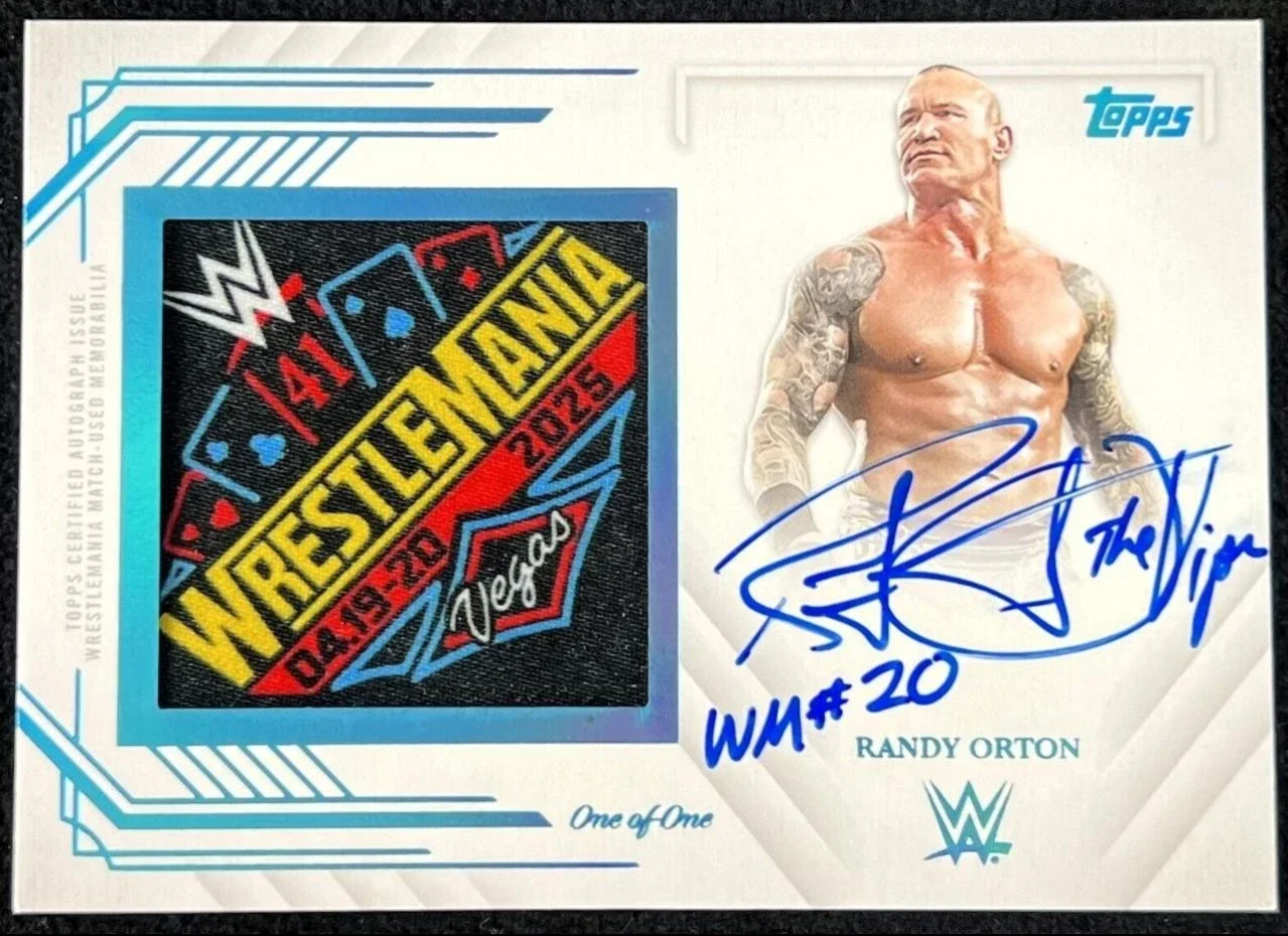 2025 Topps Royalty WWE WrestleMania 41 Randy Orton Match Used Patch Auto 1/1 card (WPA-ROR) that sold for $42,100 – front view showing the event-worn boot patch relic