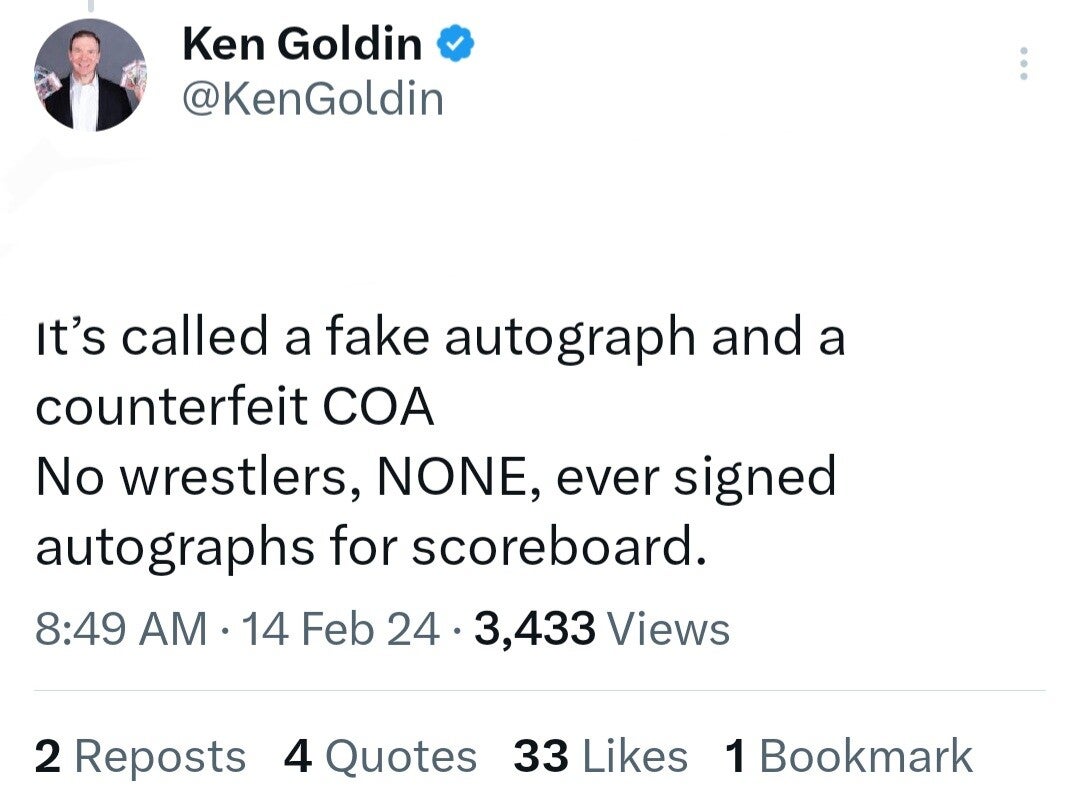 Ken Goldin's of Goldin's auction,  reply on the signature of forged Score Board Macho Man card 