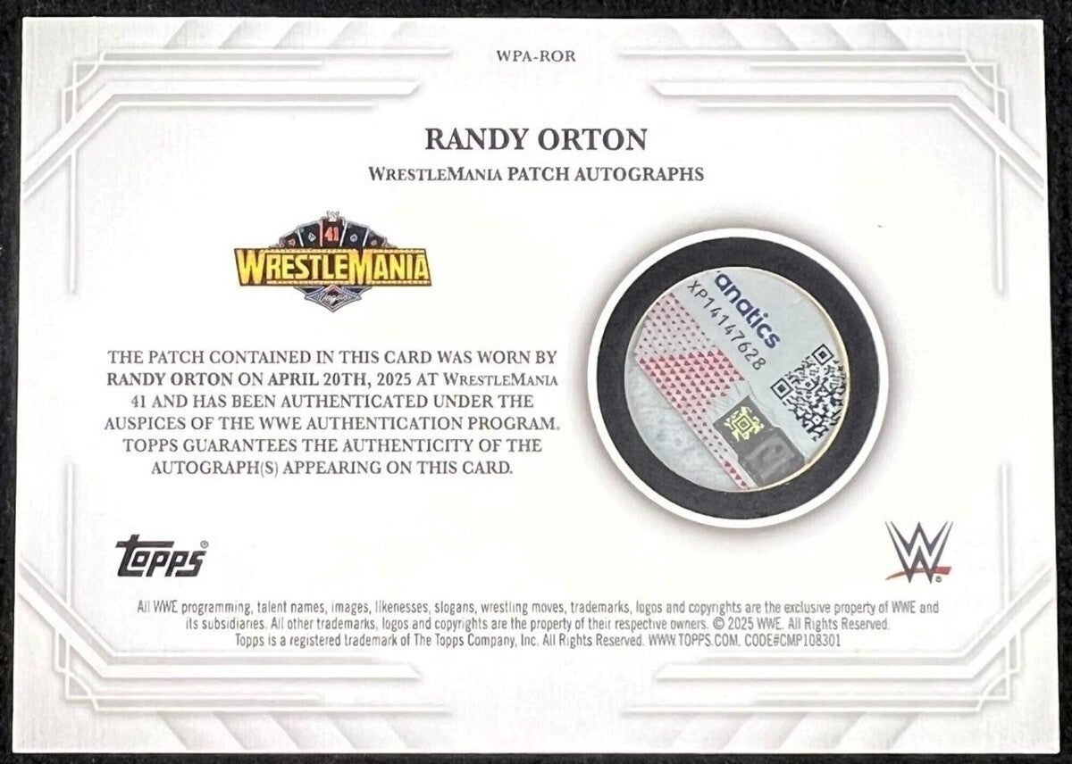 Back view of the 2025 Topps Royalty WWE WrestleMania 41 Randy Orton Match Used Patch Auto 1/1 card (WPA-ROR) showing the official authentication text, circular relic window with the event-worn boot patch, WWE Authentication Program details, Topps guarante