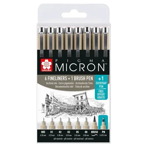 Pigma Micron Etui Promotieset met 7 fineliners Zwart + 1 gratis Pigma Micron PN