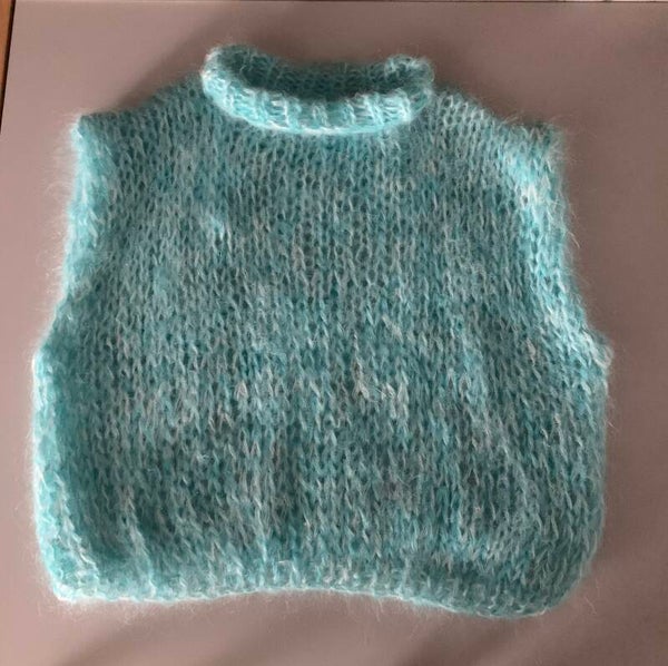 Handgebreide spencer turquois/wit