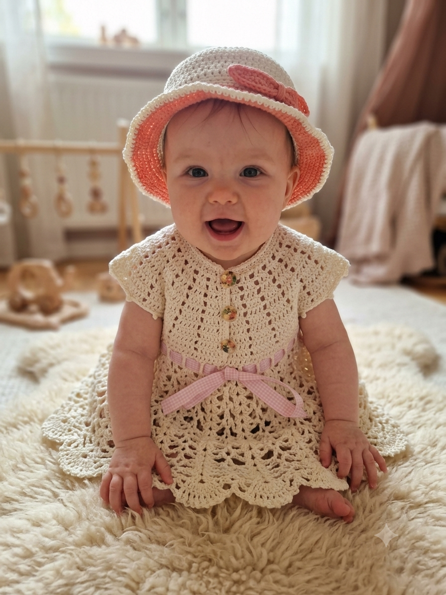 Gehäkelte Babykleider und Häkelmütze aus 100% Baumwolle
