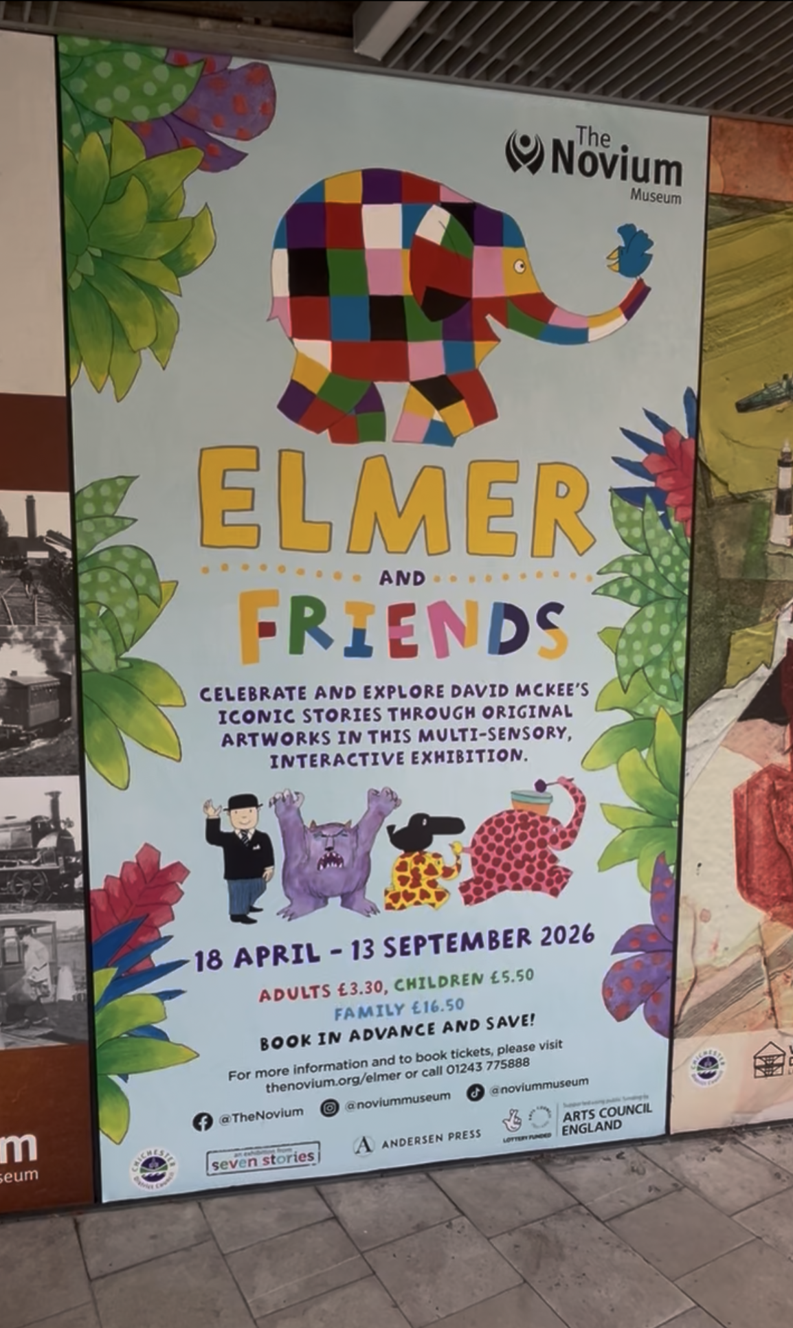 Family enjoying Elmer & Friends exhibition at The Novium Museum Chichester