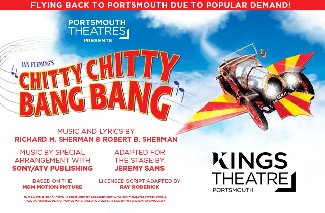 Chitty Chitty Bang Bang musical family musical UK Kings Theatre Portsmouth things to do in Portsmouth with kids 	days out  portsmouth family theatre trip UK Chitty Chitty Bang Bang flying car 