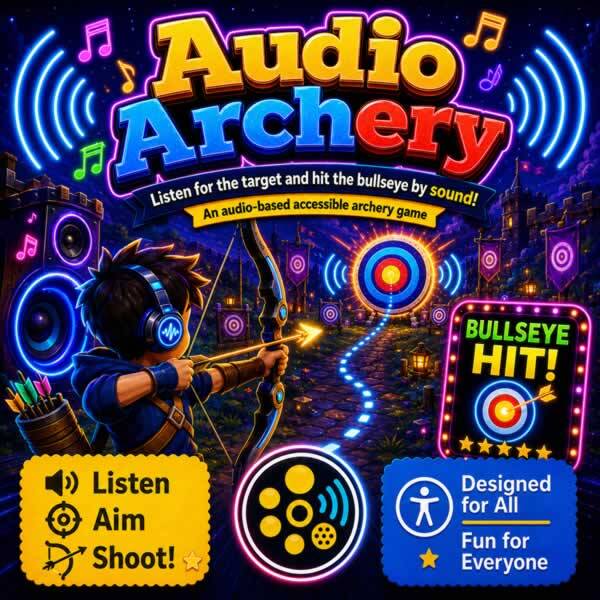 Colourful Audio Archery game artwork showing a headphone-wearing archer aiming at a glowing target using sound cues, with “Listen, Aim, Shoot” instructions and accessibility icons.