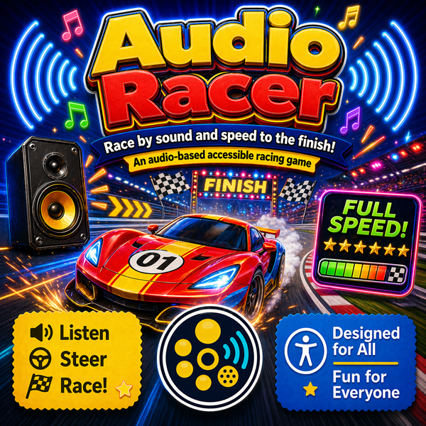 Audio Racer image showing a red race car, racetrack, speakers, sound waves, and text promoting an accessible audio-based racing game.