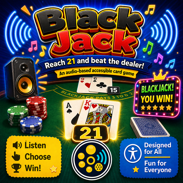 Black Jack image showing cards, casino chips, sound waves, and text promoting an accessible audio-based card game.