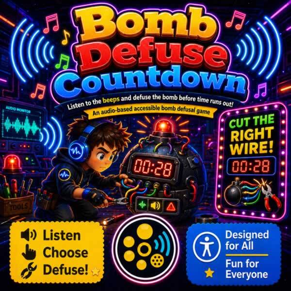 Colourful Bomb Defuse Countdown game artwork showing a headphone-wearing player listening for audio clues and cutting wires before a digital timer reaches zero, with accessibility icons.