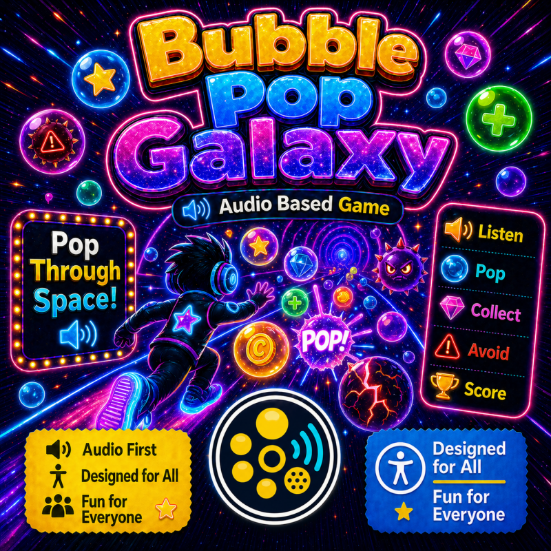 Bright Bubble Pop Galaxy game artwork with colourful bubbles, a space background, headphones, and the TactivoPlay logo.