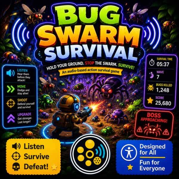 Colourful Bug Swarm Survival game artwork showing a headphone-wearing player surrounded by buzzing insects, using directional sound cues to survive, with score, health, and accessibility icons.