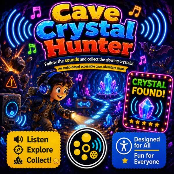 Colourful Cave Crystal Hunter game artwork showing a headphone-wearing explorer following sound cues through a glowing cave to collect crystals, with accessibility icons.
