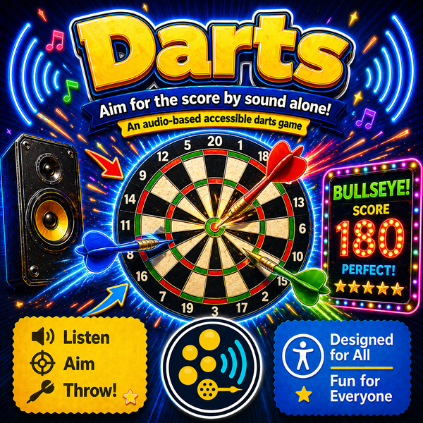 Darts game artwork with a dartboard, flying darts, headphones, and the TactivoPlay logo.