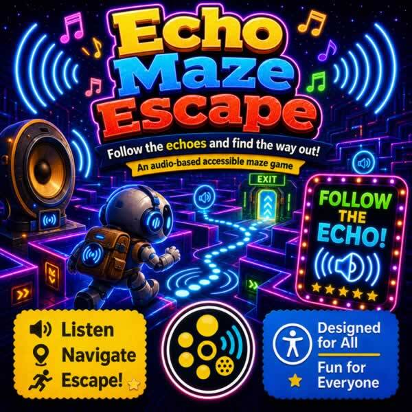 Colourful Echo Maze Escape game artwork showing a headphone-wearing player navigating a dark maze using echoes and directional sound cues, with accessibility icons.
