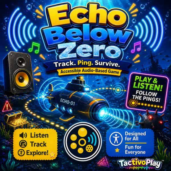 Submarine game artwork with an underwater scene, sonar display, headphones, and the TactivoPlay logo.