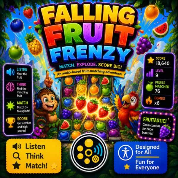Colourful Falling Fruit Frenzy game artwork showing a fruit-matching grid, falling fruit, a monkey and parrot, with spoken instructions, score, level, combo, and accessibility icons.