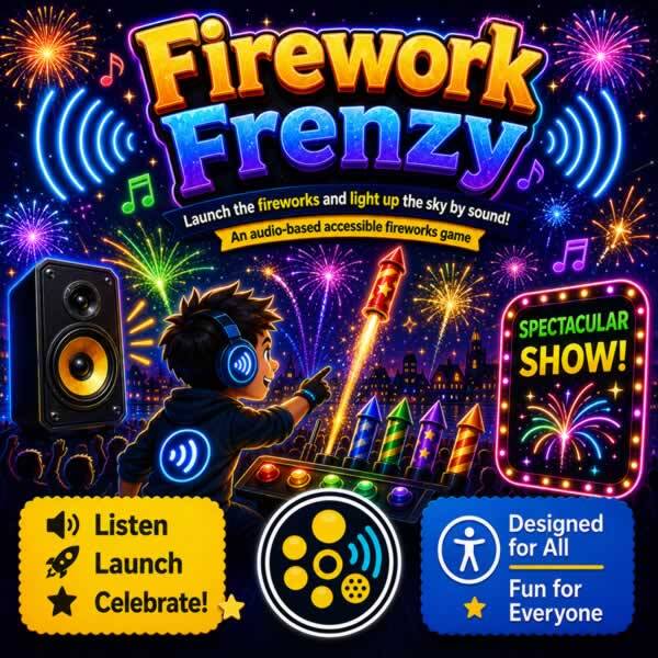 Colourful Firework Frenzy game artwork showing a headphone-wearing player launching fireworks by sound, with bright explosions, speakers, controls, and accessibility icons.