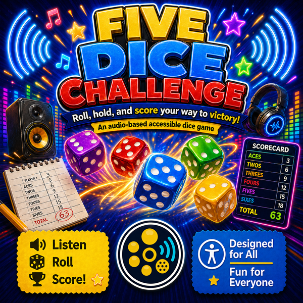 Five Dice Challenge promo image with colourful dice, scorecard, and accessible audio game branding.